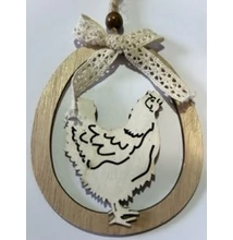 Fából készült tojás felakasztható, tyúk díszítéssel 11 cm UTOLSÓ DARAB