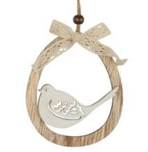 Fából készült tojás felakasztható, madár díszítéssel 11 cm UTOLSÓ DARAB