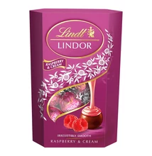 Csokoládé LINDT Lindor Raspberry&cream tejcsokoládé golyók díszdobozban 200 g