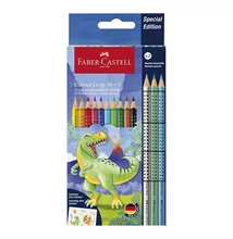 Színes ceruza FABER-CASTELL Grip Dinoszaurusz matricával 10 darabos + 3 darab metál színes ceruzával
