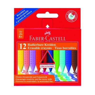 Zsírkréta FABER-CASTELL Grip háromszögletű hegyezett radírozható 12 színű