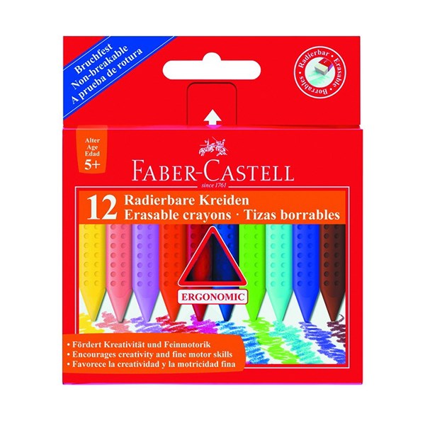 Zsírkréta FABER-CASTELL Grip háromszögletű hegyezett radírozható 12 színű