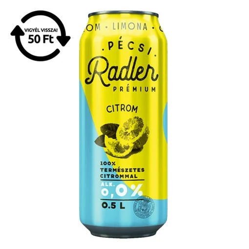 Alkoholmentes sör PÉCSI RADLER citrom 0,0% 500 ml DRS