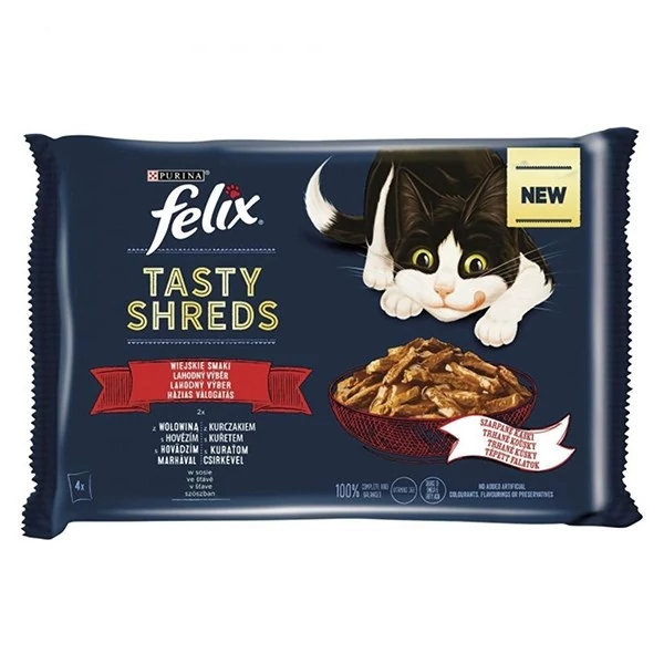 Állateledel alutasakos FELIX Tasty Shreds macskáknak 4-pack házias marha-csirke válogatás szószban 4x80 g