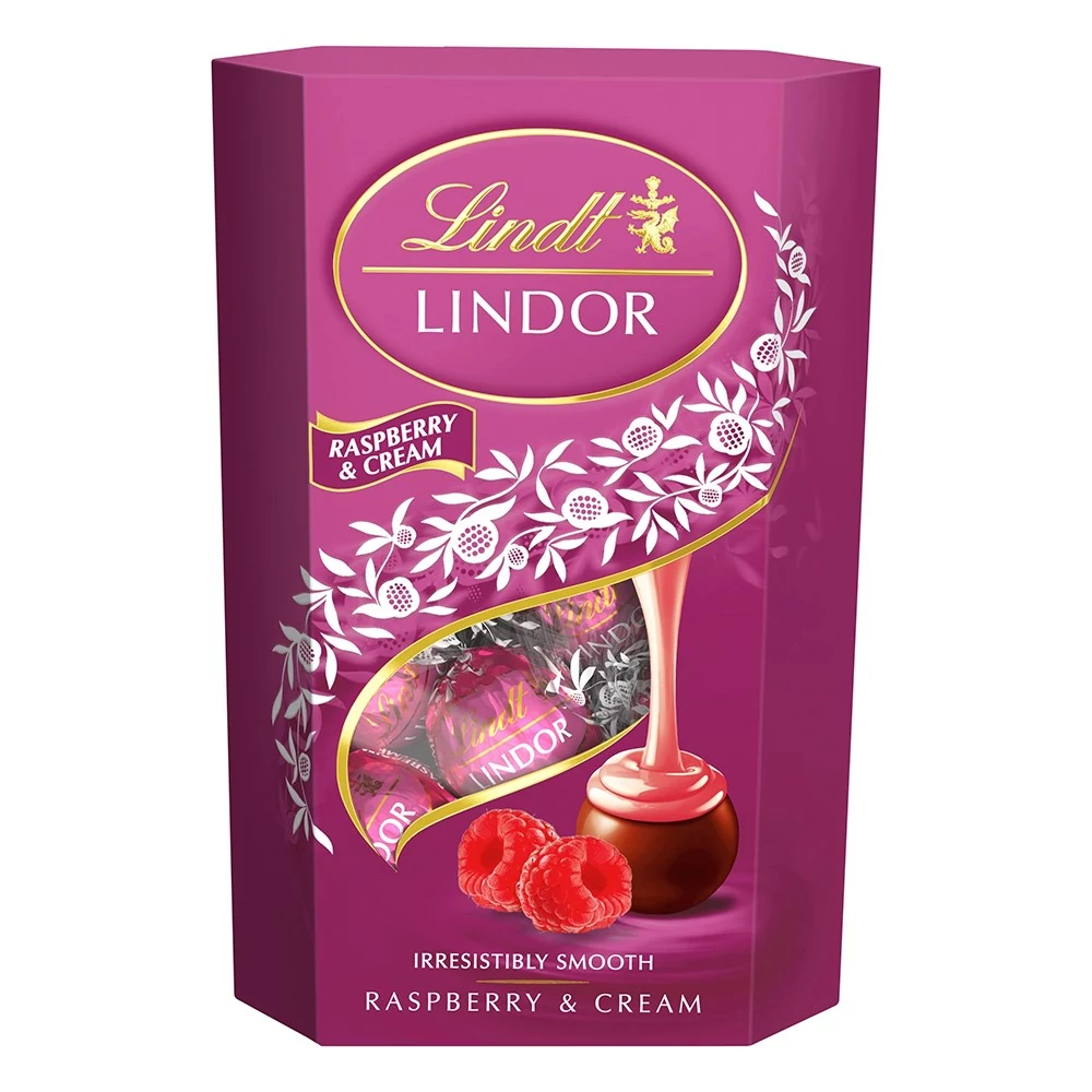 Csokoládé LINDT Lindor Raspberry&cream tejcsokoládé golyók díszdobozban 200 g