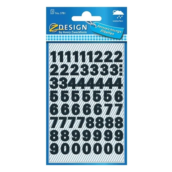 Etikett AVERY 3781 időjárásálló öntapadós számok fekete 2 íves