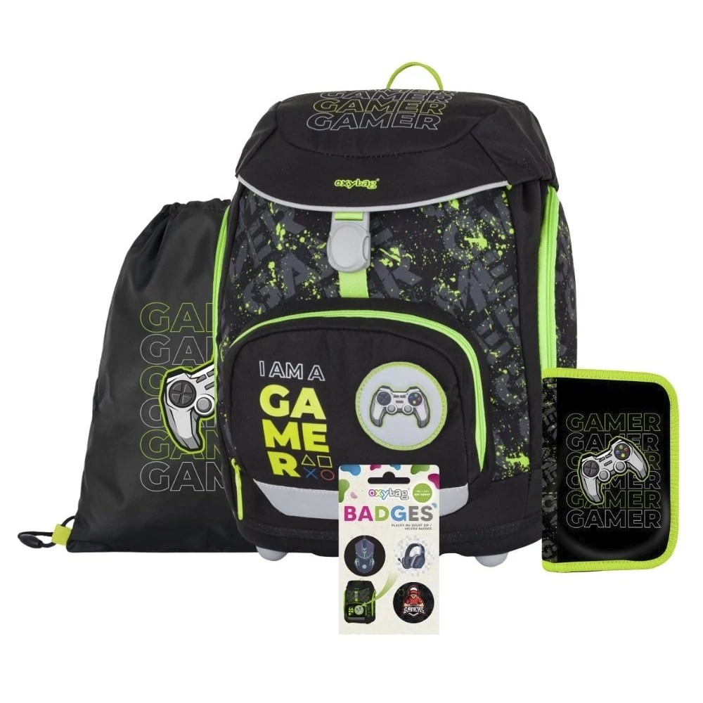 Iskolatáska szett OXY SHERPY 4 részes Gamer tolltartóval, tornazsákkal és cserélhető matricával