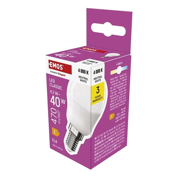 LED izzó EMOS E14 kisgömb 4,2W természtes fény 4000K