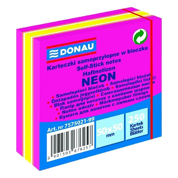 Öntapadós jegyzettömb DONAU 50x50 mm 250 lap vegyes neon színek rózsaszín