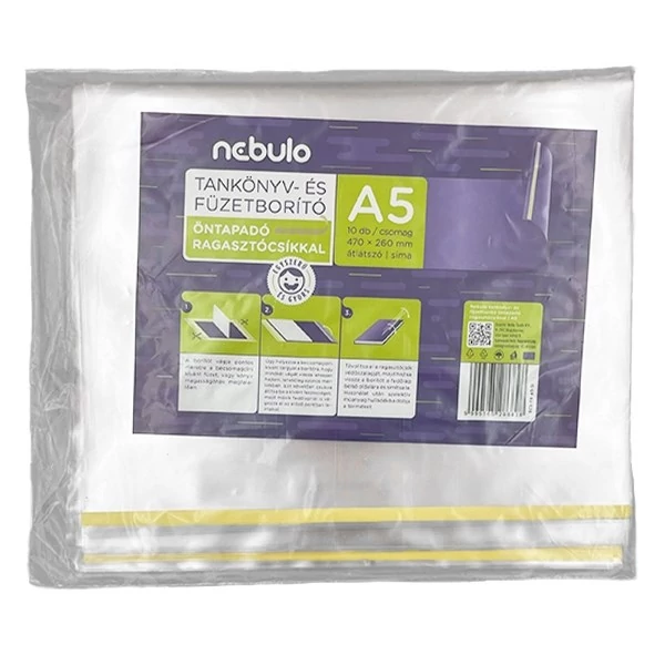Tankönyvborító NEBULO A/5 öntapadós csíkkal víztiszta 65mic 47x26 cm 10 darabos